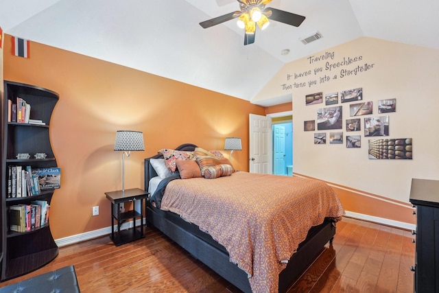 bedroom featuring lofted ceiling, hardwood / wood-style floors, and ceiling fan