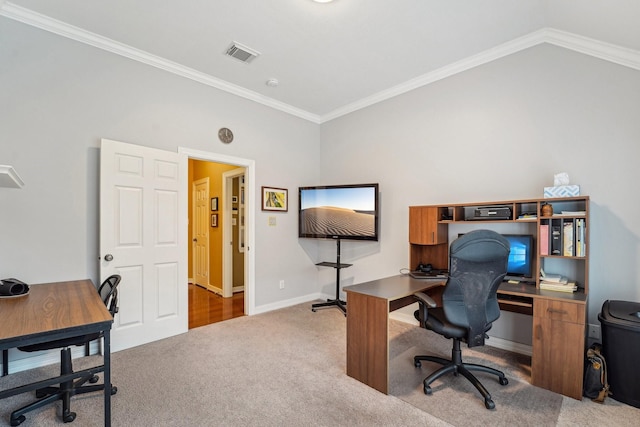 office area with crown molding and carpet flooring