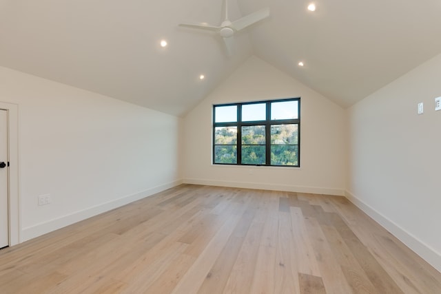 bonus room with ceiling fan, lofted ceiling, and light hardwood / wood-style flooring