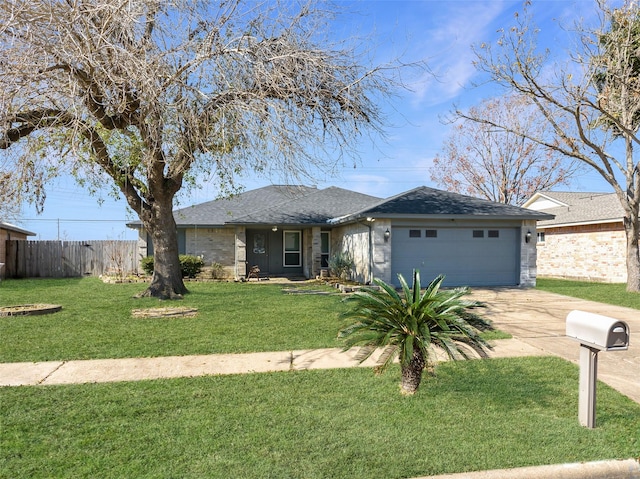 ranch-style home with a garage and a front lawn