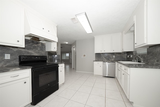 kitchen with sink, light tile patterned floors, white cabinetry, electric range, and stainless steel dishwasher