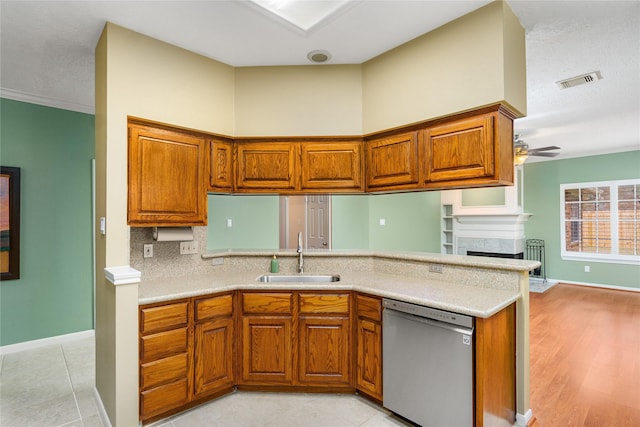 kitchen featuring sink, decorative backsplash, stainless steel dishwasher, ceiling fan, and kitchen peninsula