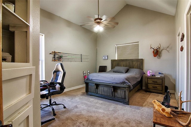 bedroom featuring baseboards, carpet flooring, ceiling fan, and vaulted ceiling