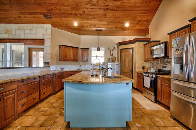 kitchen featuring brown cabinetry, a sink, wooden ceiling, and appliances with stainless steel finishes