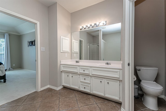 bathroom featuring vanity, walk in shower, and toilet