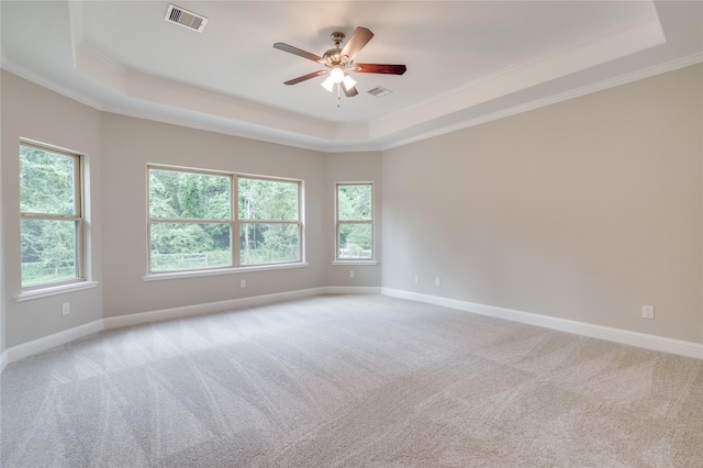 carpeted spare room featuring ceiling fan, ornamental molding, and a raised ceiling