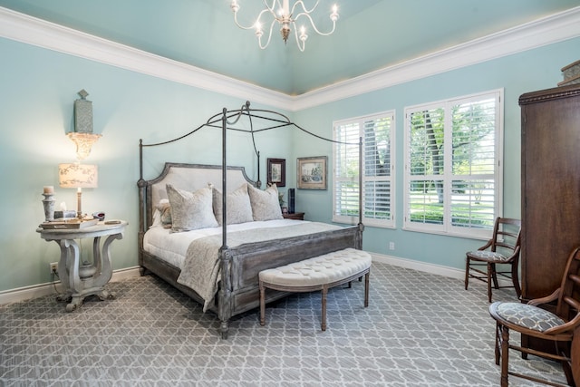 bedroom featuring ornamental molding, carpet, and a notable chandelier