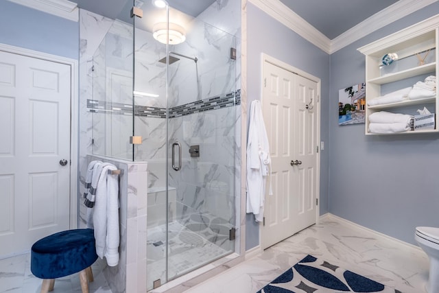 bathroom with crown molding, toilet, and walk in shower