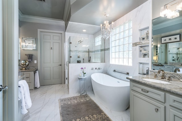 bathroom with crown molding, tile walls, vanity, a notable chandelier, and plus walk in shower