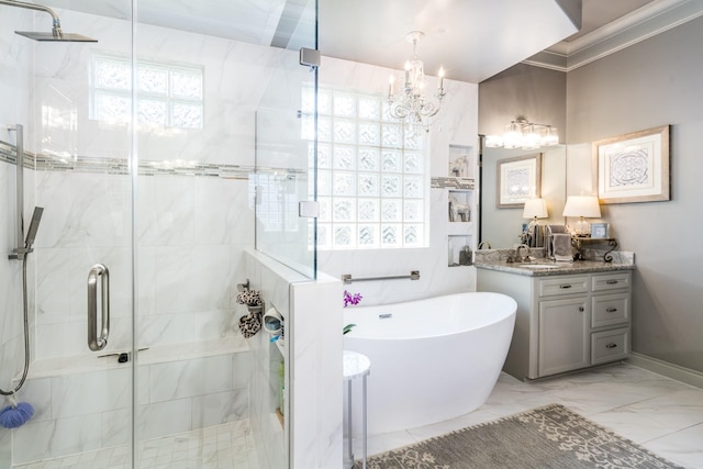 bathroom featuring ornamental molding, separate shower and tub, plenty of natural light, and vanity