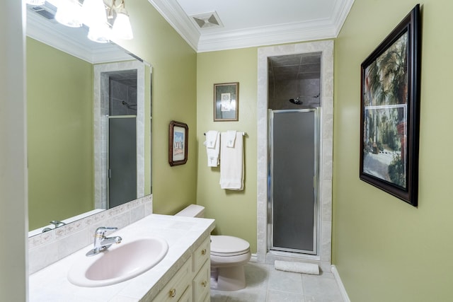 bathroom with a shower with shower door, vanity, ornamental molding, toilet, and tile patterned floors