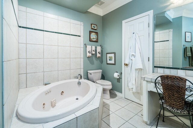 bathroom featuring a relaxing tiled tub, tile patterned floors, ornamental molding, and toilet