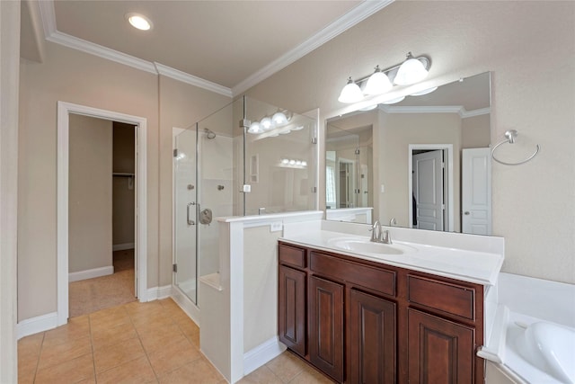 bathroom with vanity, crown molding, tile patterned floors, and plus walk in shower