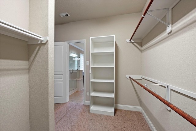 walk in closet with light carpet