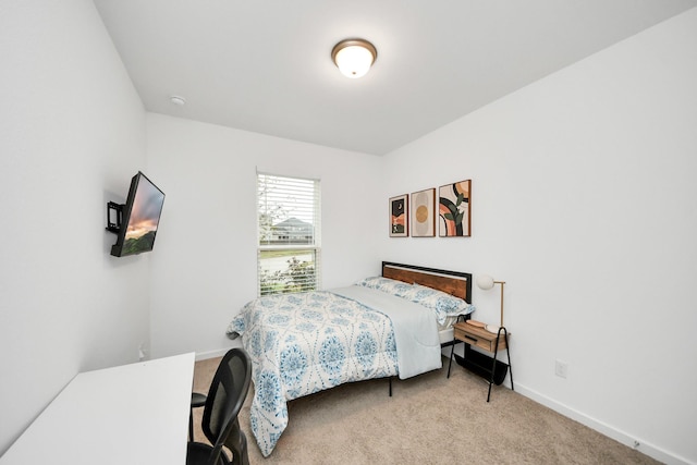 bedroom with light colored carpet