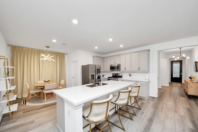 kitchen with stainless steel appliances, decorative light fixtures, a breakfast bar, and decorative backsplash