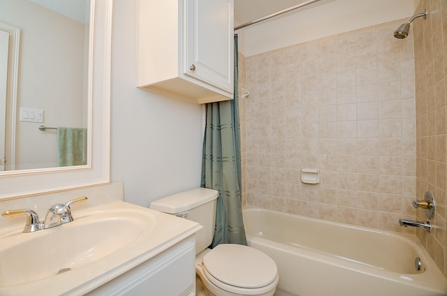 full bathroom featuring shower / bathtub combination with curtain, vanity, and toilet