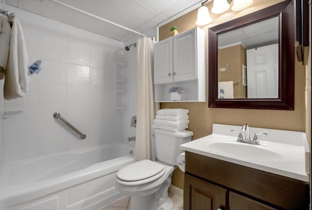 full bathroom with vanity, toilet, tile patterned flooring, and shower / bath combo with shower curtain