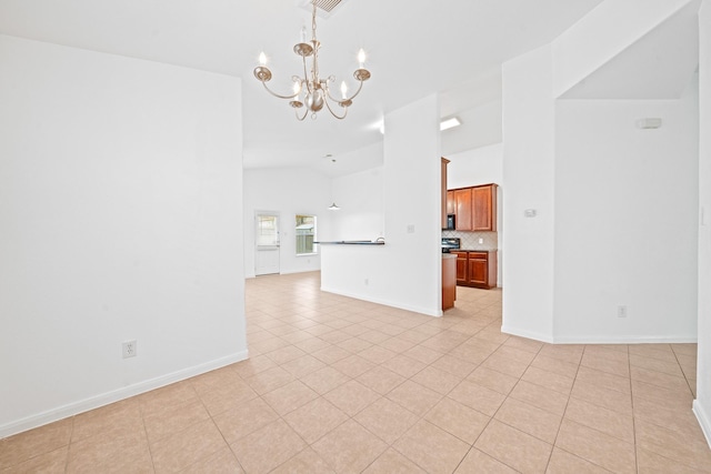 unfurnished living room with lofted ceiling, a notable chandelier, and light tile patterned floors