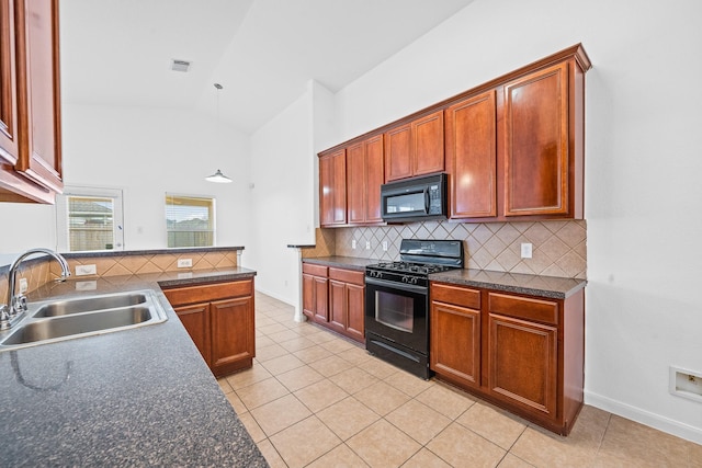 kitchen featuring sink, light tile patterned floors, high vaulted ceiling, tasteful backsplash, and black appliances