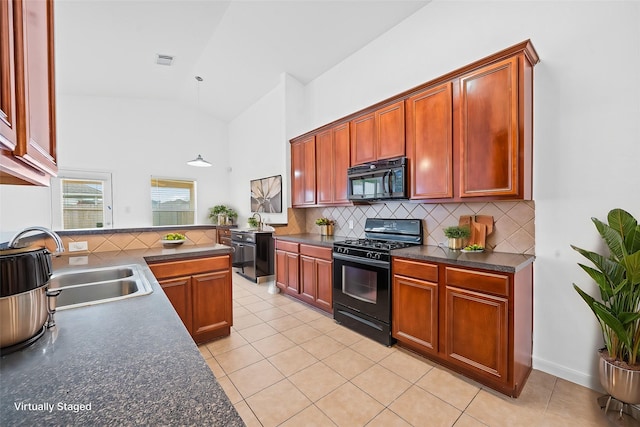 kitchen with sink, black appliances, high vaulted ceiling, light tile patterned floors, and backsplash