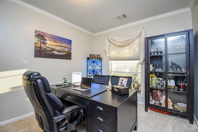 carpeted office with crown molding