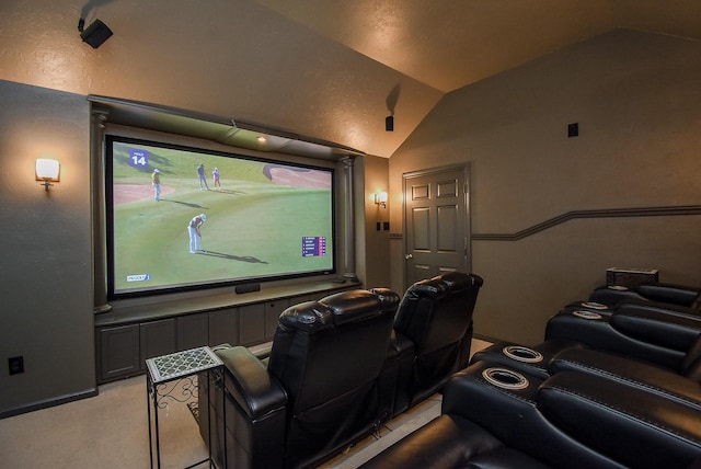 carpeted cinema with vaulted ceiling