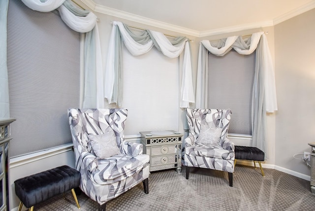 living area with carpet floors and ornamental molding