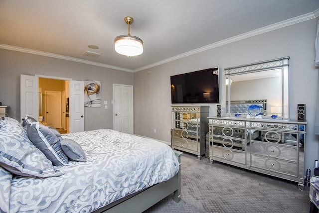 carpeted bedroom with crown molding