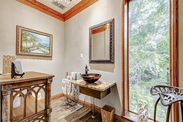 corridor featuring hardwood / wood-style flooring, ornamental molding, plenty of natural light, and sink