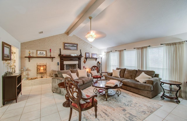 living area featuring visible vents, brick wall, light tile patterned flooring, vaulted ceiling with beams, and a brick fireplace