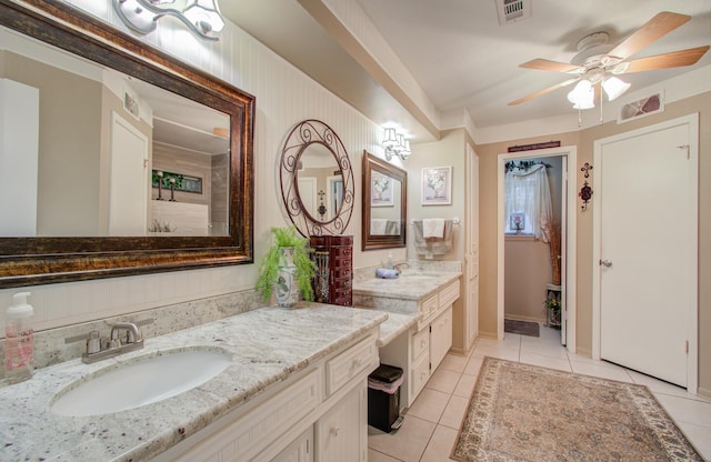 bathroom with vanity, tile patterned floors, and ceiling fan