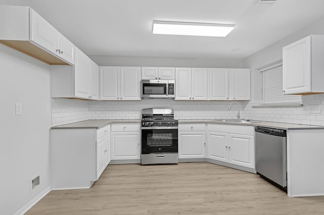 kitchen with appliances with stainless steel finishes, sink, light hardwood / wood-style flooring, and white cabinets