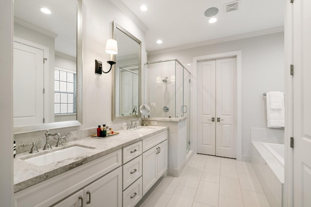 bathroom with vanity, tile patterned floors, ornamental molding, and separate shower and tub