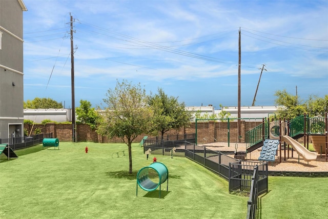 view of jungle gym featuring a yard