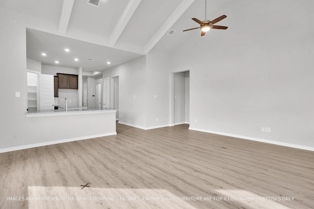 unfurnished living room with ceiling fan, high vaulted ceiling, light wood-type flooring, and beam ceiling