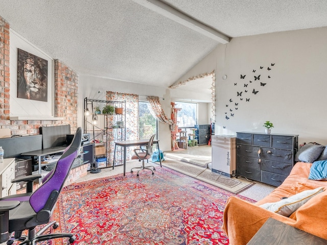 carpeted office featuring vaulted ceiling with beams and a textured ceiling