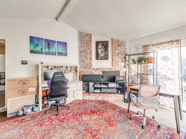 office with a textured ceiling and vaulted ceiling with beams