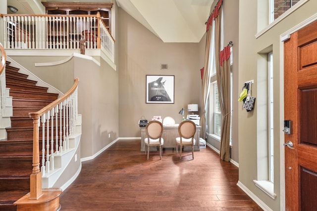 foyer with dark hardwood / wood-style floors and a high ceiling