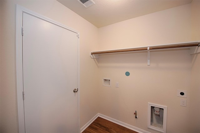 laundry room featuring electric dryer hookup, hookup for a washing machine, hookup for a gas dryer, and dark hardwood / wood-style floors