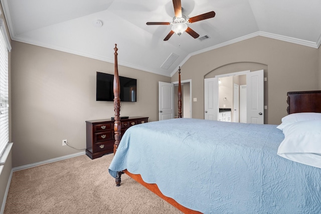 bedroom featuring lofted ceiling, crown molding, ceiling fan, and carpet flooring