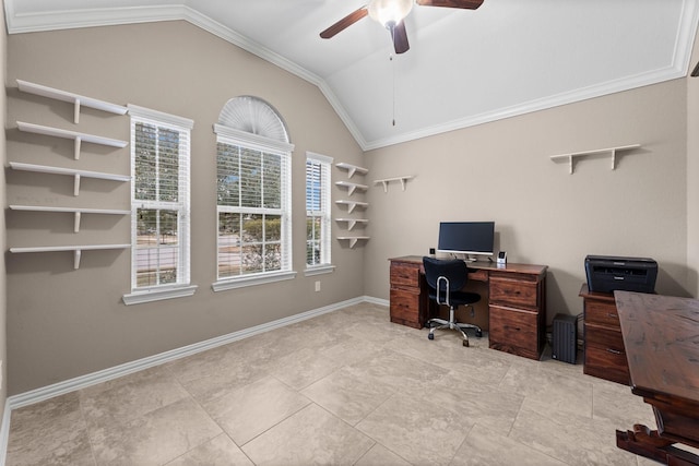 office area featuring crown molding, vaulted ceiling, and ceiling fan