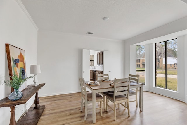 dining room featuring a wealth of natural light, light hardwood / wood-style floors, and a textured ceiling