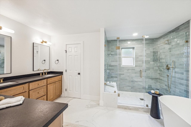 bathroom with vanity and plus walk in shower