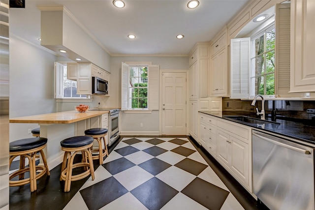 kitchen with appliances with stainless steel finishes, sink, wooden counters, and plenty of natural light