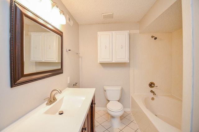 full bathroom featuring shower / washtub combination, vanity, toilet, tile patterned floors, and a textured ceiling