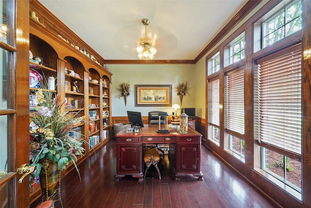 office space with dark hardwood / wood-style flooring, ornamental molding, ceiling fan, and wood walls