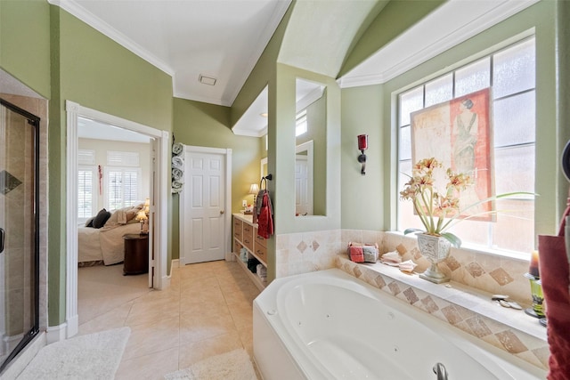 bathroom with tile patterned flooring, ornamental molding, plenty of natural light, and vanity