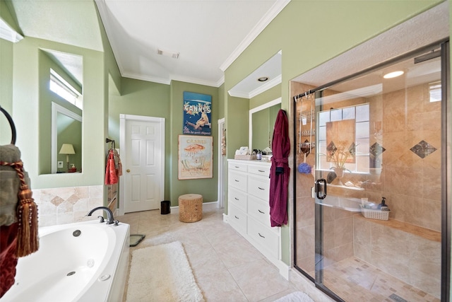 bathroom with vanity, crown molding, tile patterned floors, and independent shower and bath