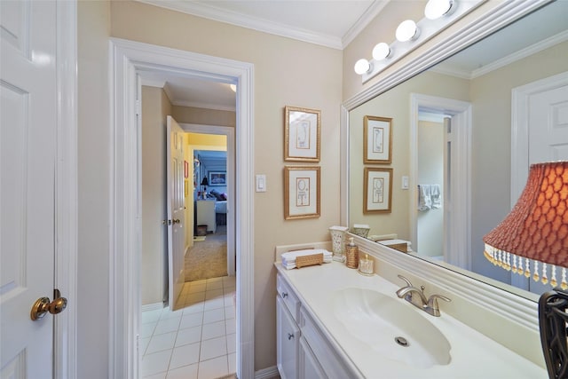 bathroom with vanity, tile patterned floors, and ornamental molding